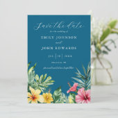 Blue Watercolor Tropical Blume Hochzeiten Save The Date (Stehend Vorderseite)