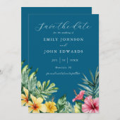 Blue Watercolor Tropical Blume Hochzeiten Save The Date (Vorne/Hinten)