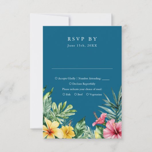 Blue Watercolor Tropical Floral Wedding RSVP Karte (Vorderseite)