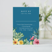 Blue Watercolor Tropical Floral Wedding RSVP Karte (Stehend Vorderseite)