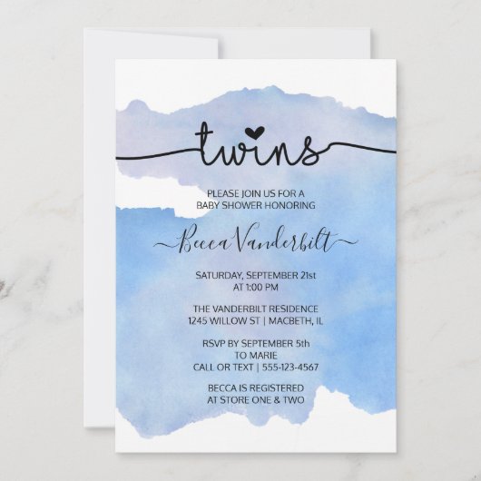 Blue Watercolor Twins Baby Dusche Einladung (Vorderseite)