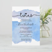 Blue Watercolor Twins Baby Dusche Einladung (Stehend Vorderseite)