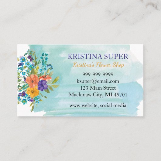 Blue Watercolor und Blumen Business Card Visitenkarte (Vorderseite)