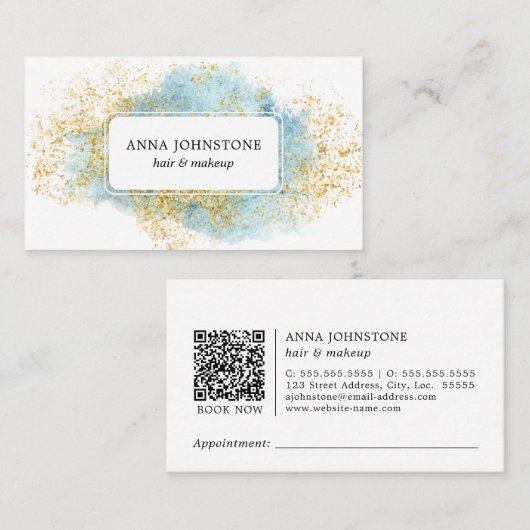 Blue Watercolor und Gold QR Code | Ernennung Visitenkarte (Vorne/Hinten)