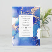 Blue Watercolor und Gold Wedding Einladung (Stehend Vorderseite)