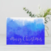 Blue Watercolor und Silver Frohe Weihnachten Foto (Stehend Vorderseite)