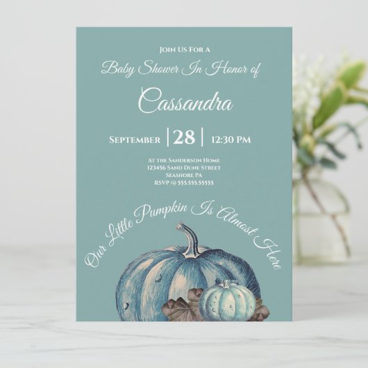 Blue Watercolor Unsere kleine Pumpkin Baby Dusche (Stehend Vorderseite)