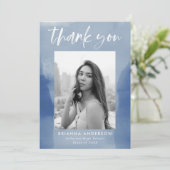 Blue Watercolor Wash Foto Abschluss Dankeskarte (Stehend Vorderseite)