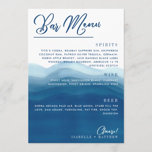 Blue Watercolor Wave Bar Wedding Menu Menükarte (Vorderseite)