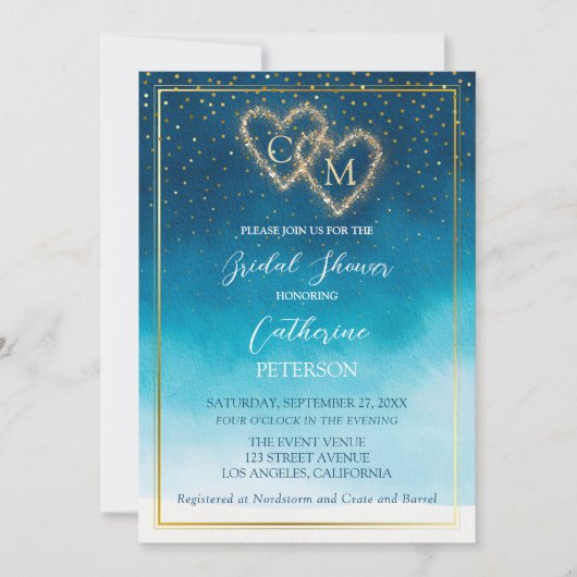 Blue Watercolor Waves mit Monogramm Hochzeit Einladung (Vorderseite)