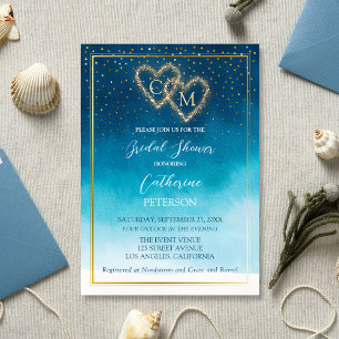 Blue Watercolor Waves mit Monogramm Hochzeit Einladung