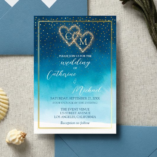 Blue Watercolor Waves mit Monogramm Hochzeit Einladung
