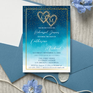Blue Watercolor Waves mit Monogramm Hochzeit Einladung