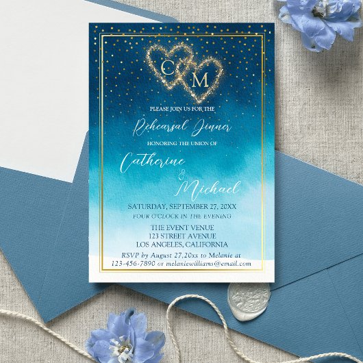 Blue Watercolor Waves mit Monogramm Hochzeit Einladung