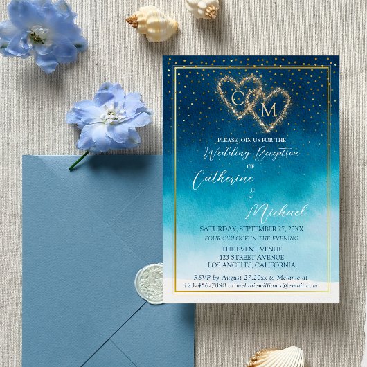 Blue Watercolor Waves mit Monogramm Hochzeit Einladung