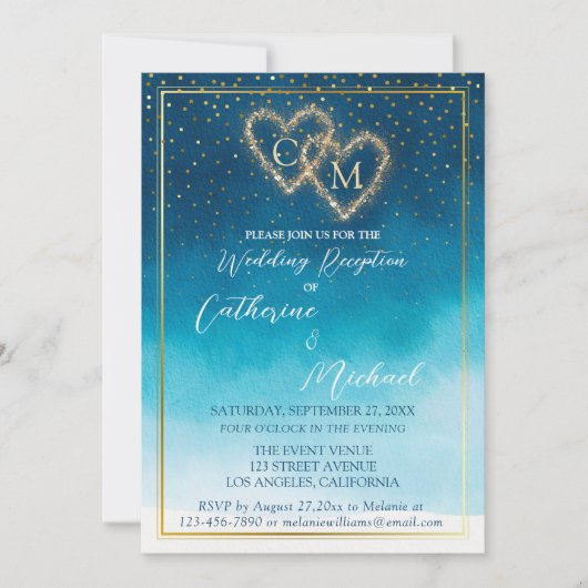 Blue Watercolor Waves mit Monogramm Hochzeit Einladung (Vorderseite)