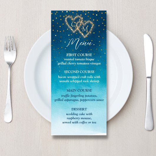Blue Watercolor Waves mit Monogramm Hochzeit Menükarte