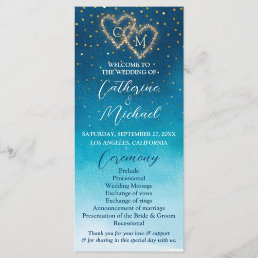 Blue Watercolor Waves mit Monogramm Hochzeit Programm (Vorderseite)