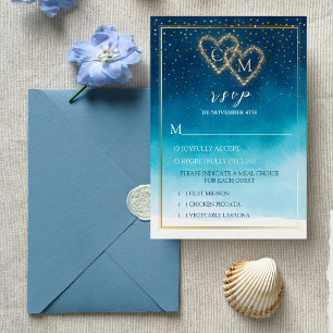 Blue Watercolor Waves mit Monogramm Hochzeit RSVP Karte