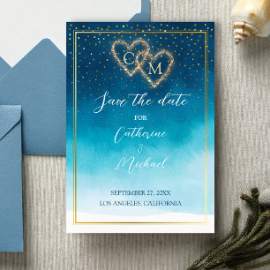 Blue Watercolor Waves mit Monogramm Hochzeit Save The Date