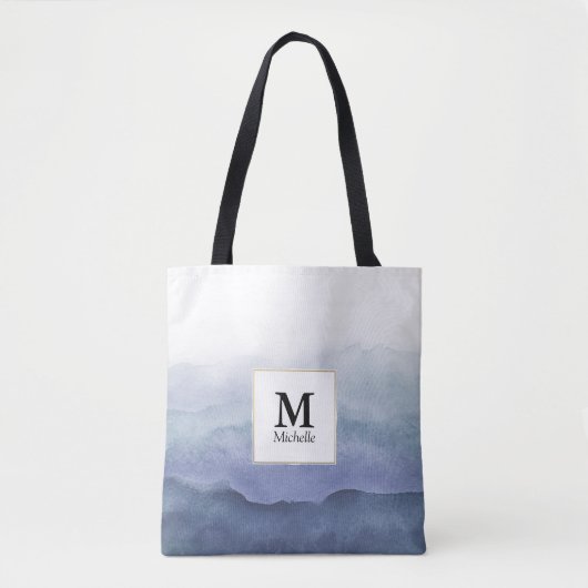 Blue Watercolor Waves Monogram Tote Bag Tasche (Vorderseite)