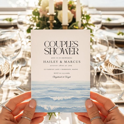 Blue Watercolor Waves Paare Brautparty Einladung