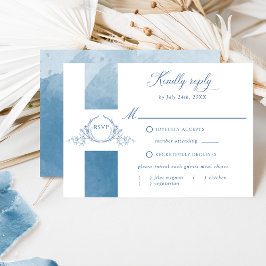 Blue Watercolor Wedding Classic Monogram RSVP Card Karte