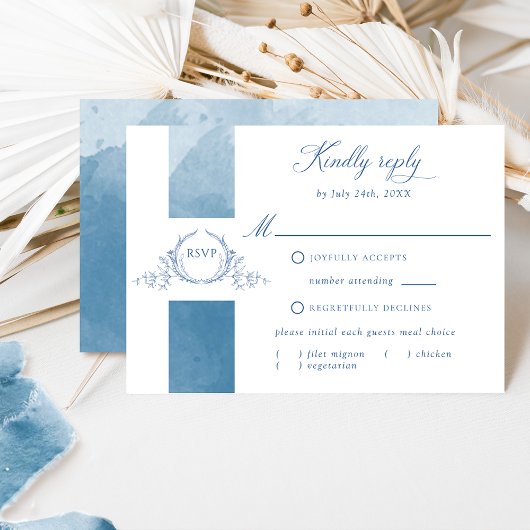 Blue Watercolor Wedding Classic Monogram RSVP Card Karte