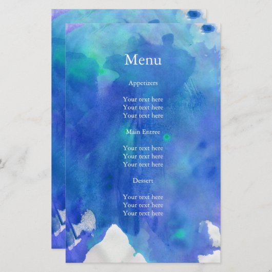 Blue Watercolor Wedding Menu (Vorne/Hinten)