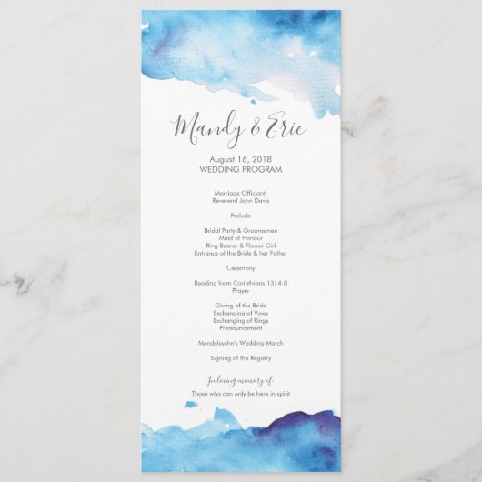 Blue Watercolor Wedding Program Card Menükarte (Vorderseite)