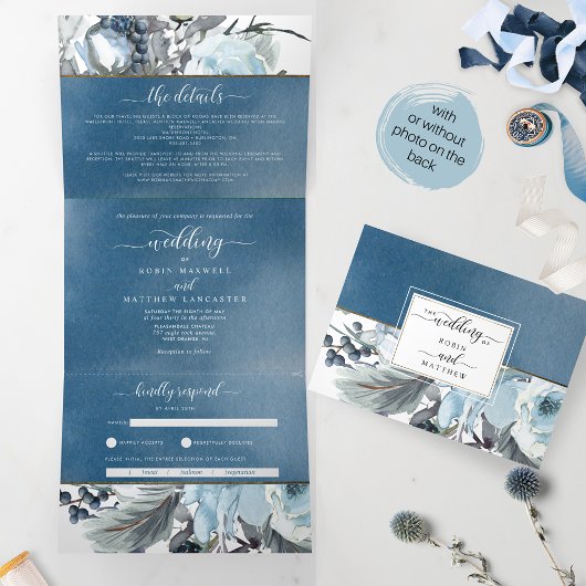 Blue Watercolor Wedding Tri-Fold Einladung UAWG