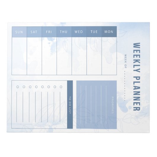 Blue Watercolor Weekekly Planner Notepad Notizblock (Vorderseite)