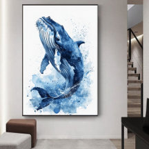 Blue Watercolor Whale Beach Kinderzimmer Mauer Art