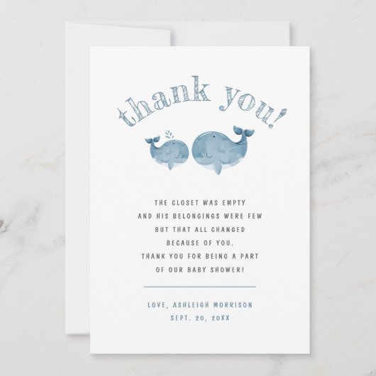 Blue Watercolor Whale Boy Baby Dusche Danke (Vorderseite)