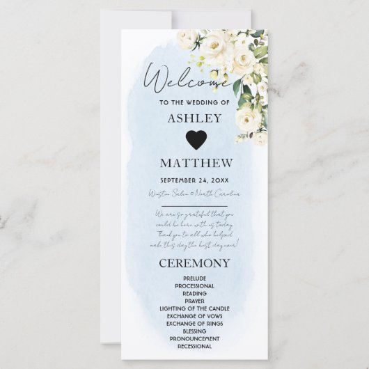 Blue Watercolor White Rose Hochzeitsprogramm (Vorderseite)