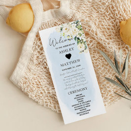 Blue Watercolor White Rose Hochzeitsprogramm