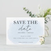 Blue Watercolor White Rose Save the Date Card (Stehend Vorderseite)