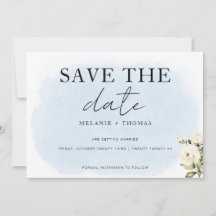 Blue Watercolor White Rose Save the Date Card