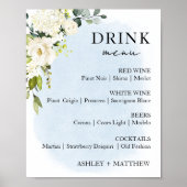 Blue Watercolor White Rose Wedding Drink Menü Schi Poster (Vorne)