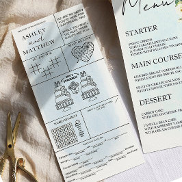 Blue Watercolor White Rose Wedding Menu Platzkarte