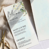 Blue Watercolor White Rose Wedding Menu Platzkarte Menükarte