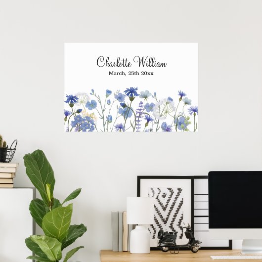 Blue Watercolor Wildblume Garden Baby Kinderzimmer Poster (Heimbüro)