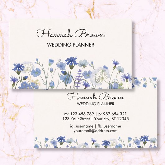 Blue Watercolor Wildblume Garden Business Card Telefonnummerkarte