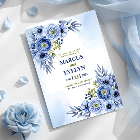 Blue Watercolor Wildblume Wedding Invitation Card Einladung