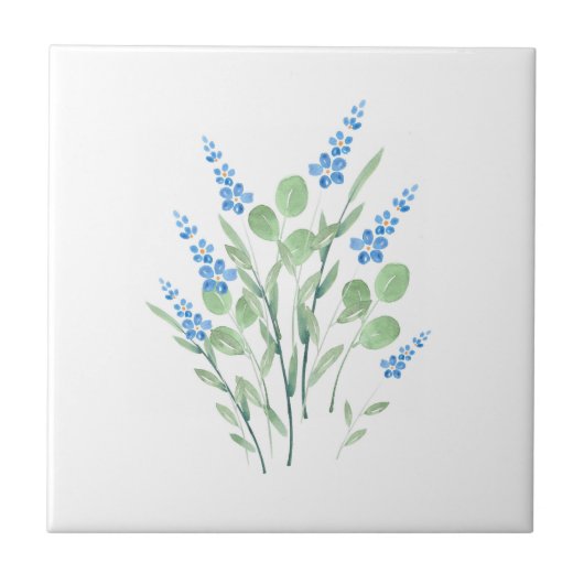 Blue Watercolor Wildblumen Bouquet Fliese (Vorderseite)