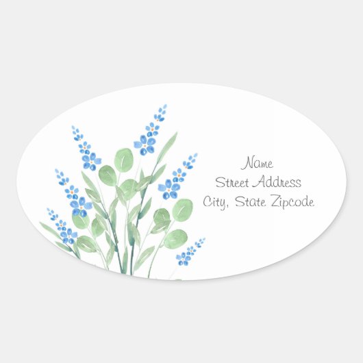 Blue Watercolor Wildblumen Bouquet Labels Ovaler Aufkleber (Vorderseite)