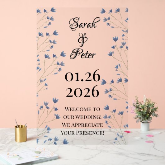 Blue Watercolor Wildblumen Romantische Hochzeit Acrylschild (Hochzeit)
