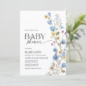Blue Watercolor Wildflower Baby Shower Einladung (Stehend Vorderseite)