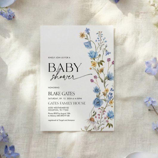 Blue Watercolor Wildflower Baby Shower Einladung
