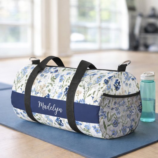 Blue Watercolor Wildflower Monogram Duffle Bag